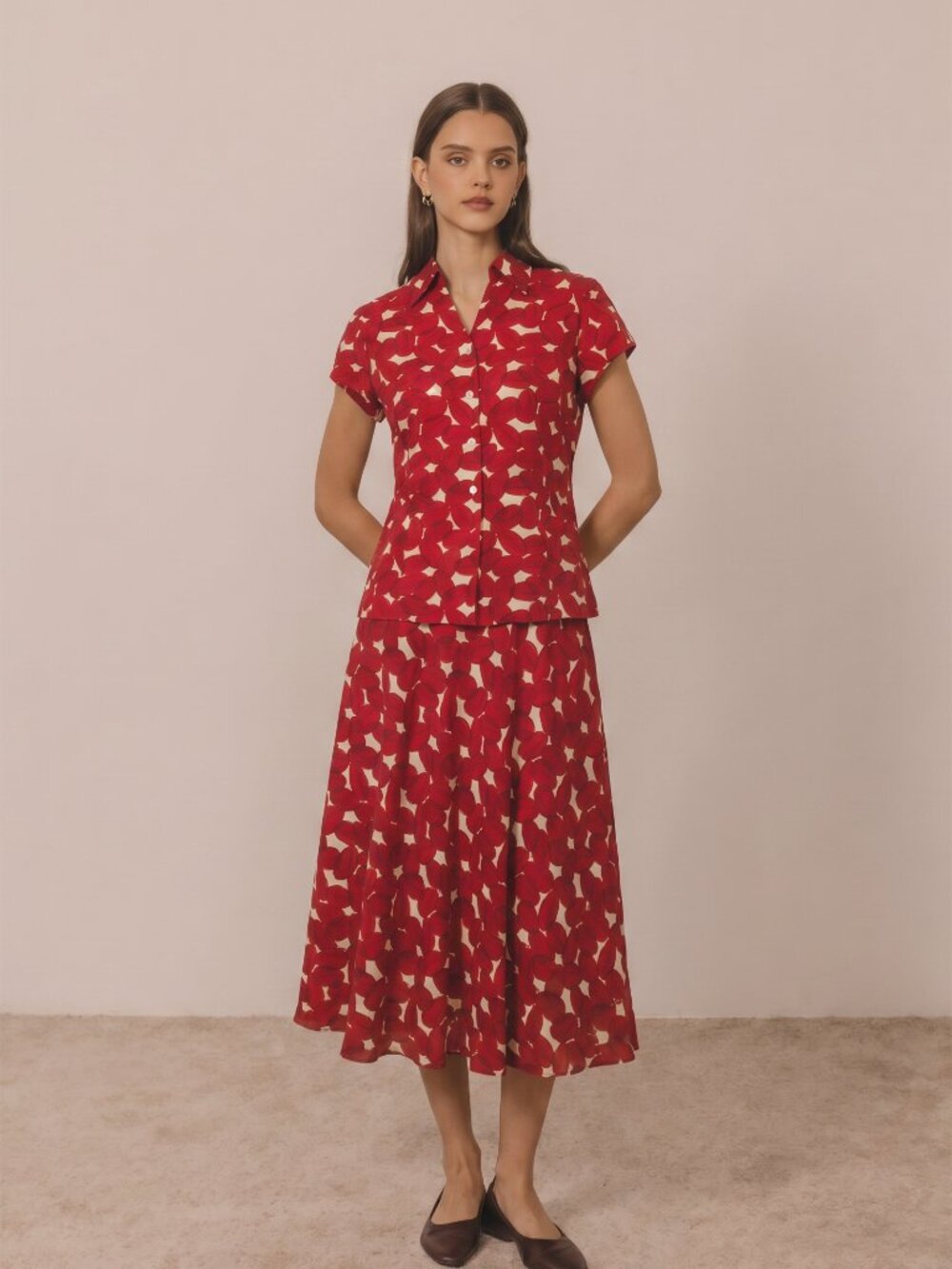 Vintage Jones New York Silk 2 Piece Skirt Set Red Abstract Print Flowy Midi